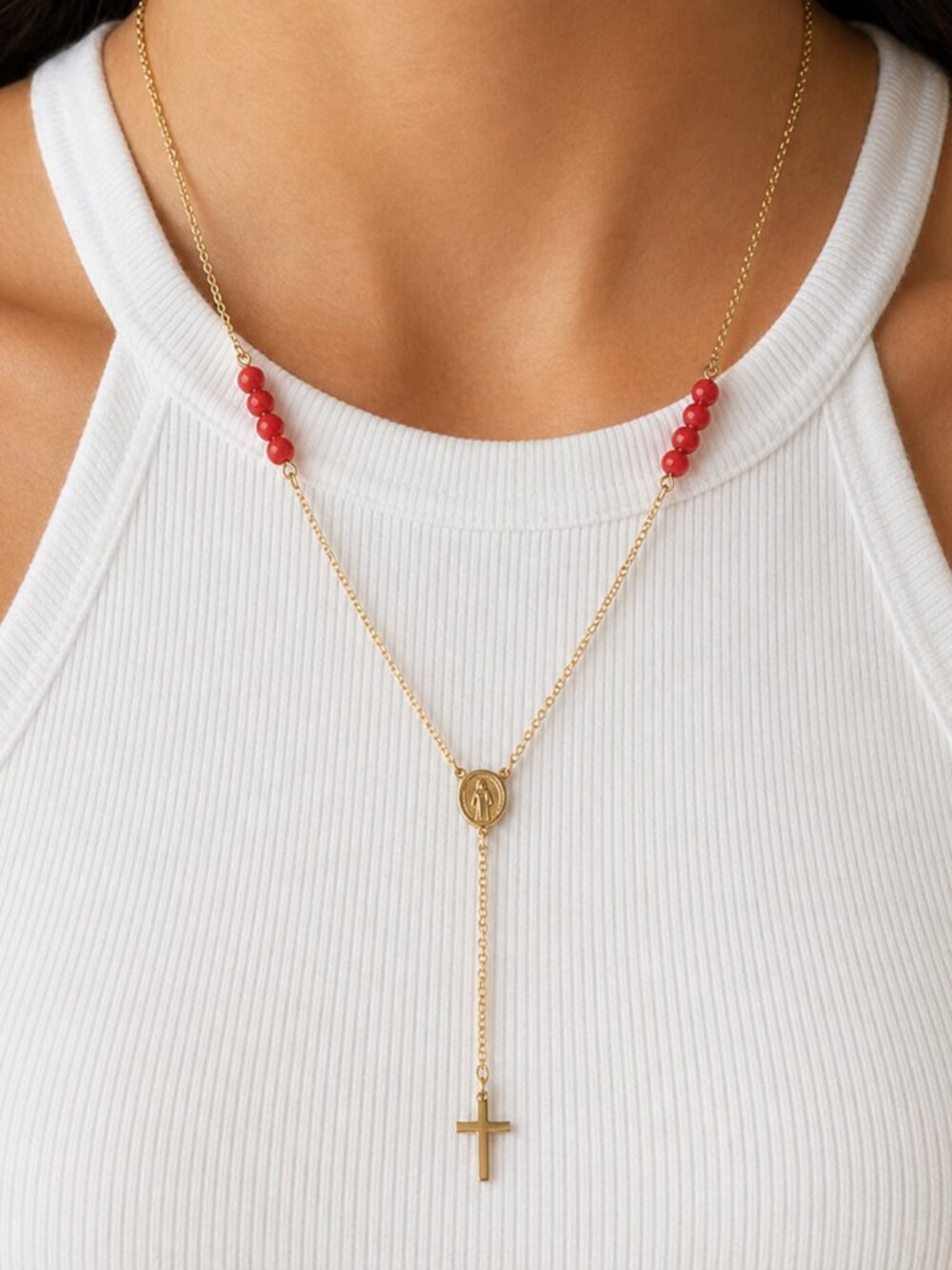 Gold Rosary Necklace White or Red Beads